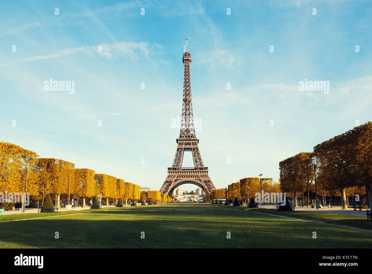 View on Paris and Eiffel tower with Blue sky with clouds in autumn at Paris, France. Stock Photo