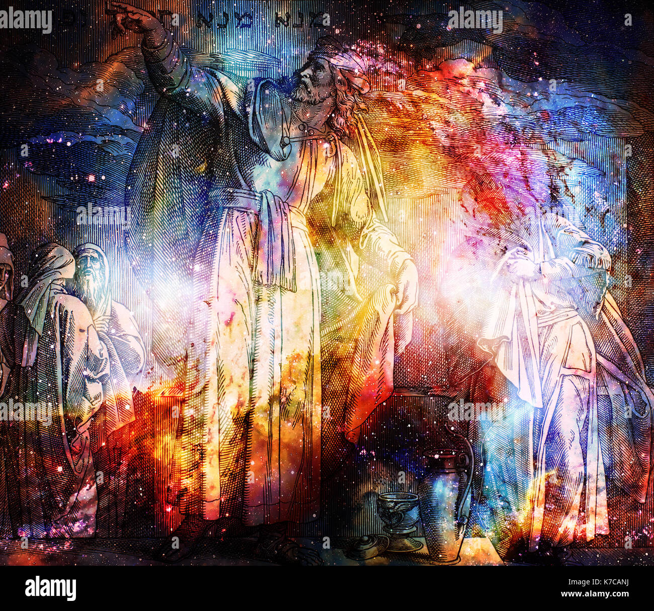 The writing on the wall, Daniel and king Belshazzar, graphic collage