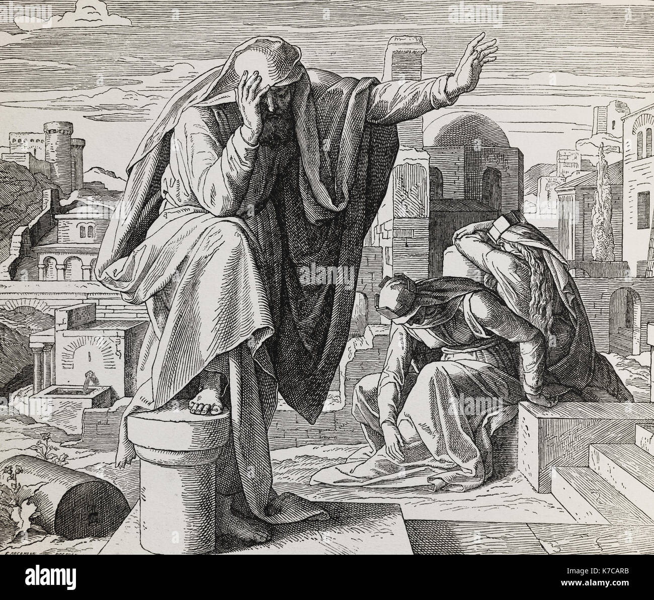 The cry of Jeremiah the prophet, graphic collage from engraving of ...