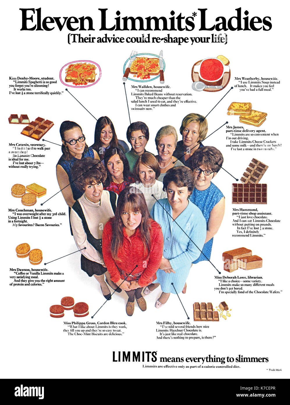 1970 British advertisement for Limmits diet foods. Stock Photo