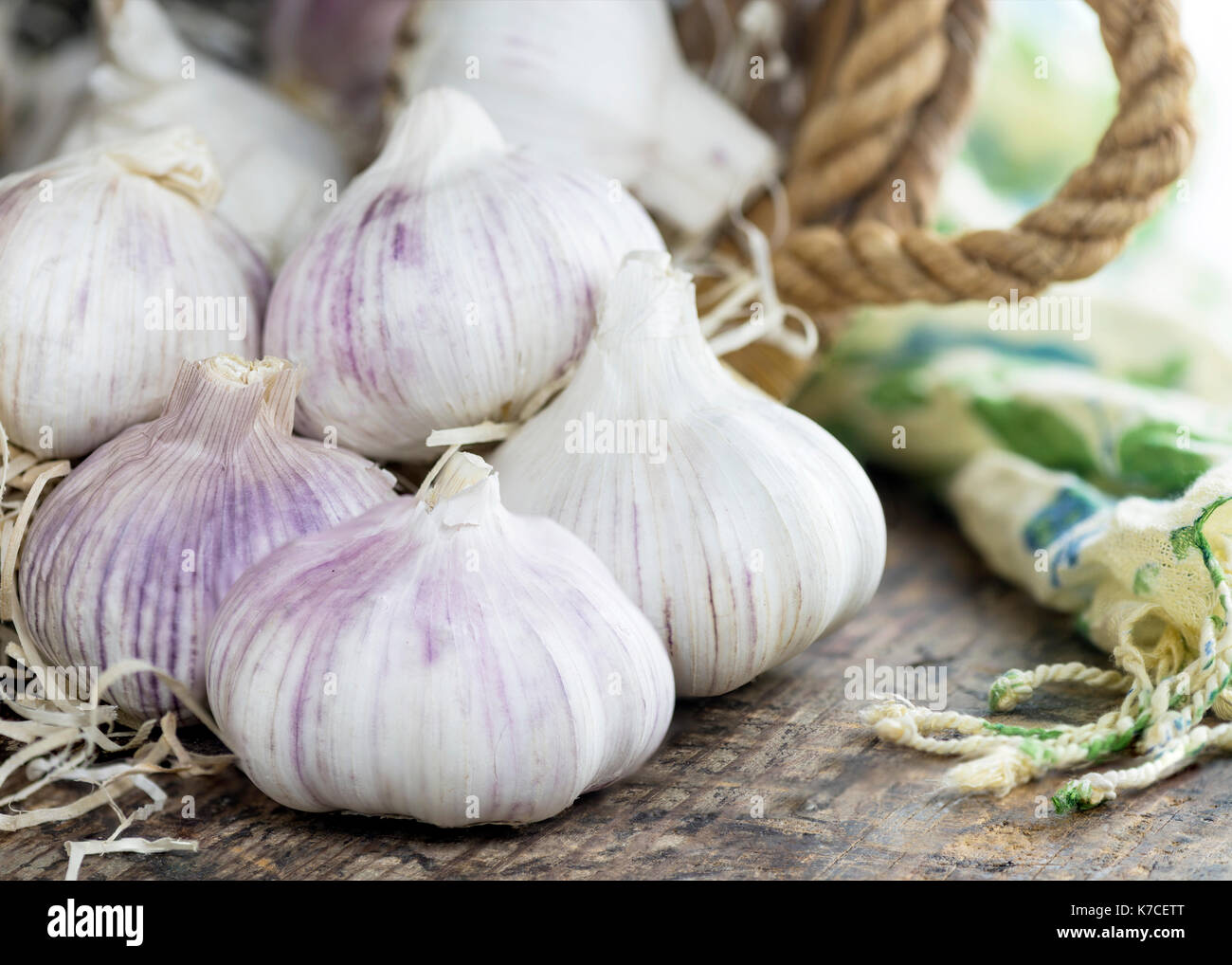 Composition of pink garlic in an old wicker basket focus on the foreground short with a shallow depth of field  in a country cottage garden setting, c Stock Photo