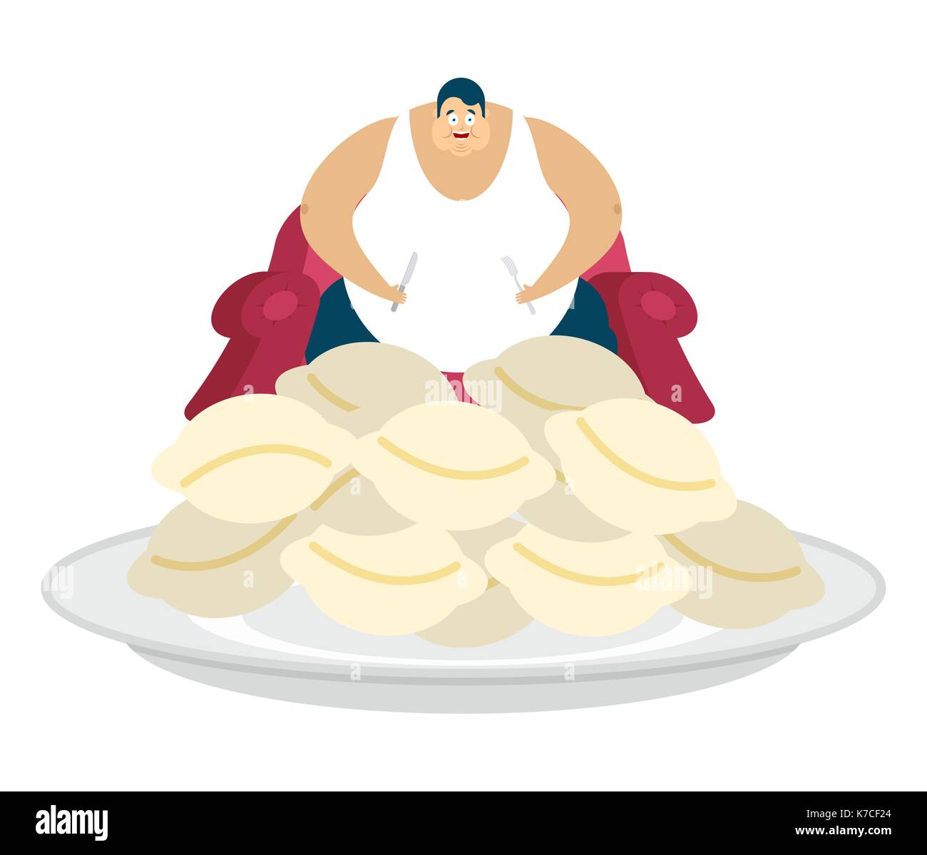 Fat guy is sitting on chair and dumplings. Glutton Thick man and food. fatso vector illustration Stock Vector