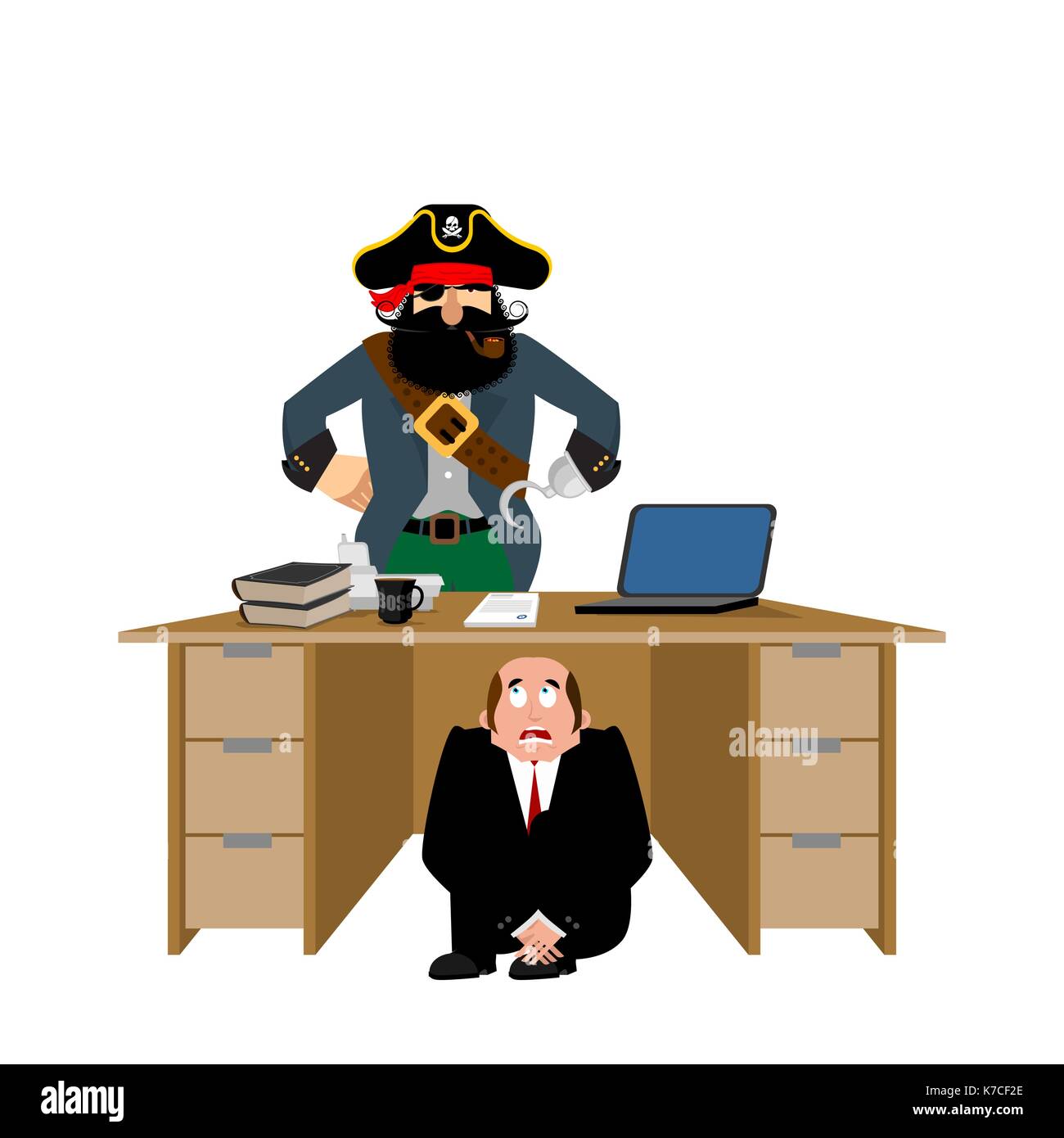 Businessman scared under table of pirate. To hide from robbery