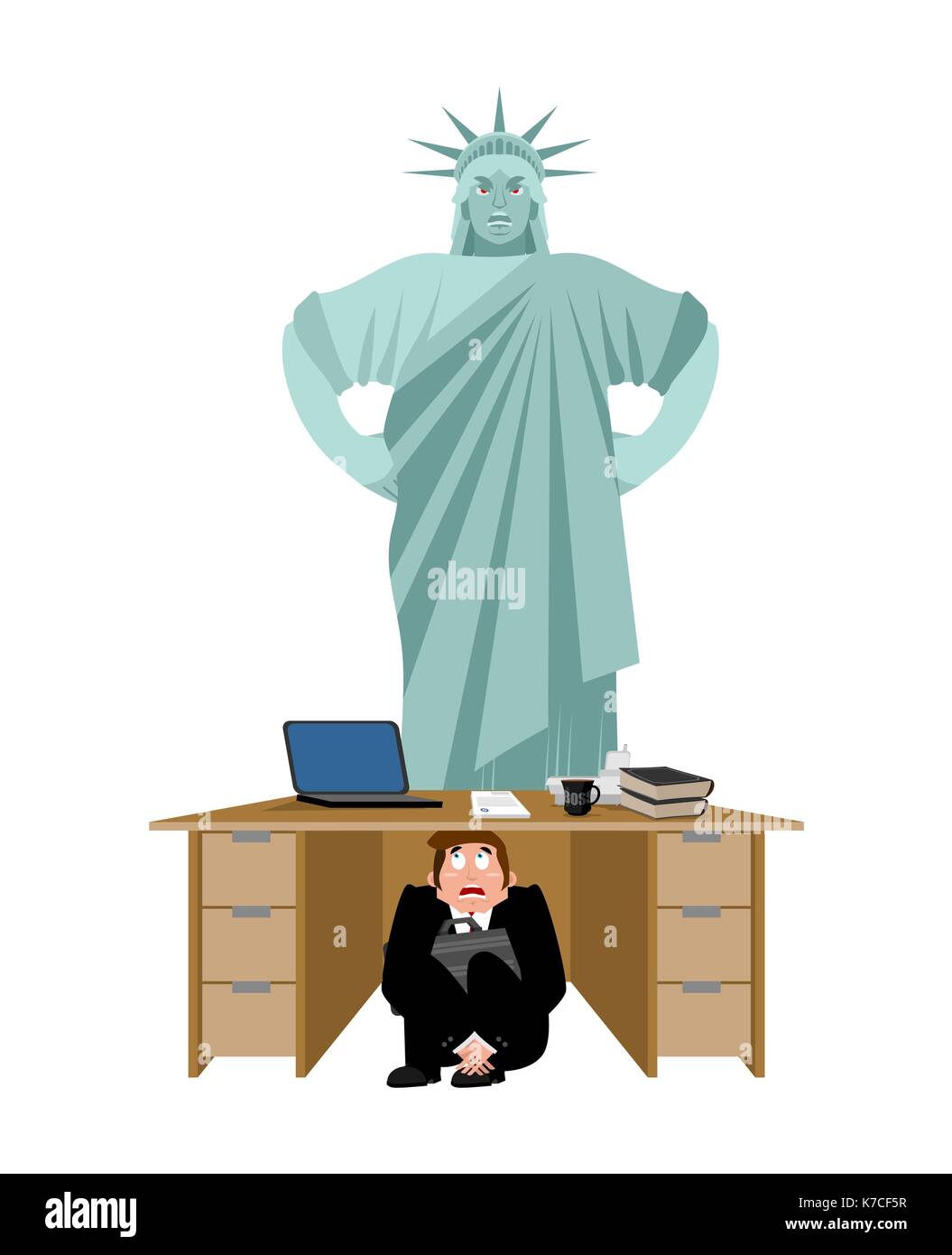 Businessman scared under table of Statue of Liberty. frightened business man under work board. Angry America. Boss fear office desk. To hide from USA. Stock Vector