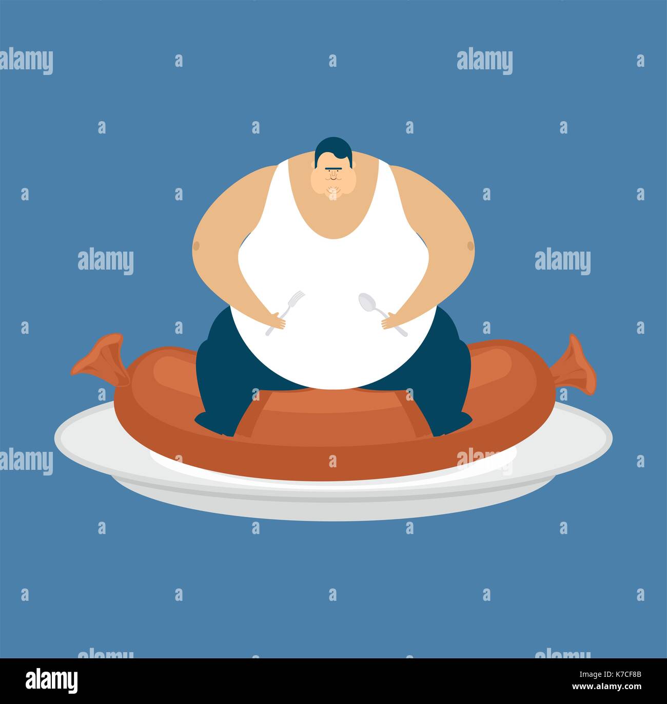 Fat guy and sausage. Glutton Thick man and food. fatso vector illustration Stock Vector
