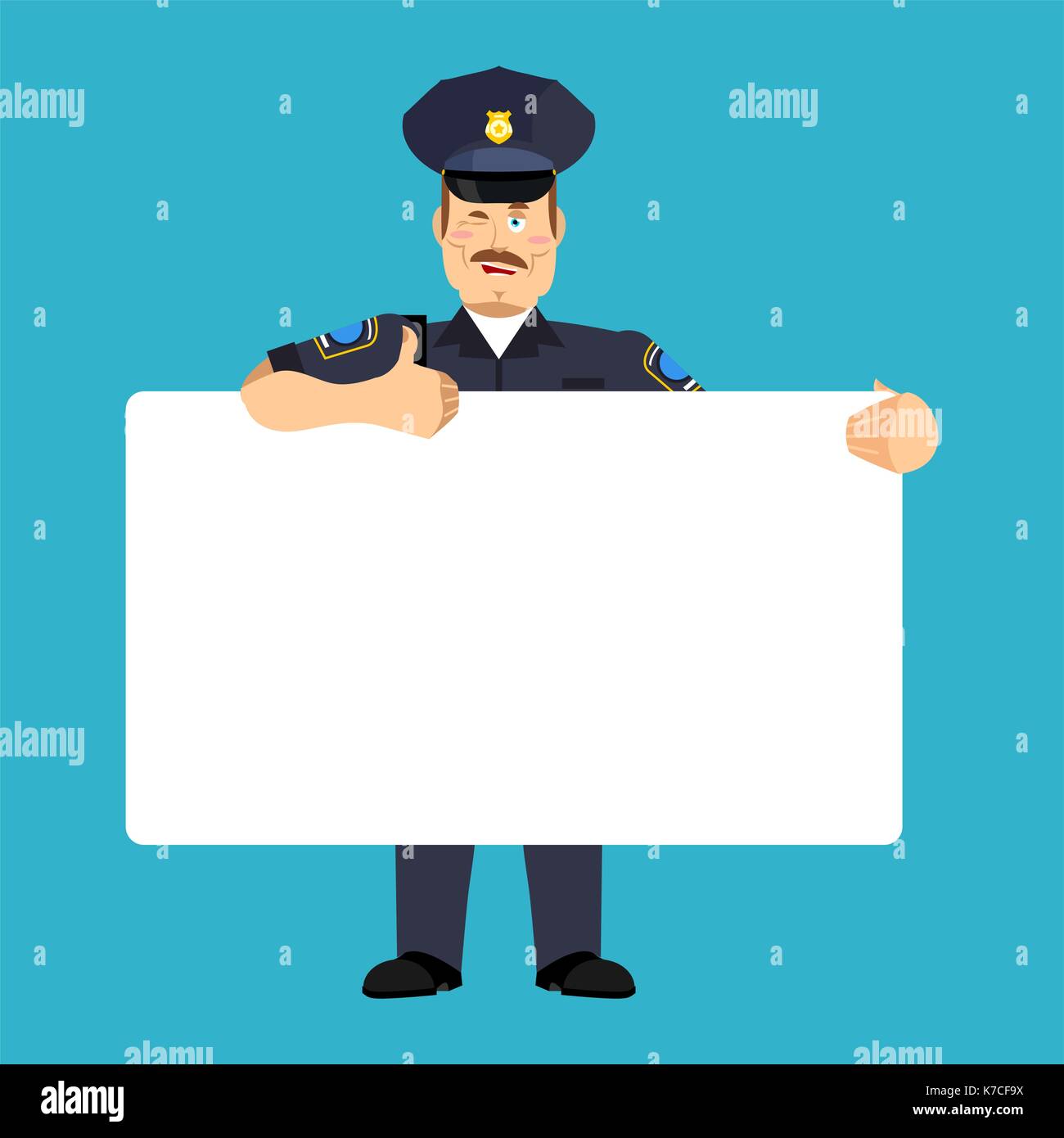 Policeman holding banner blank. police officer and white blank. cop joyful emotion. constable and place for text. Vector illustration Stock Vector