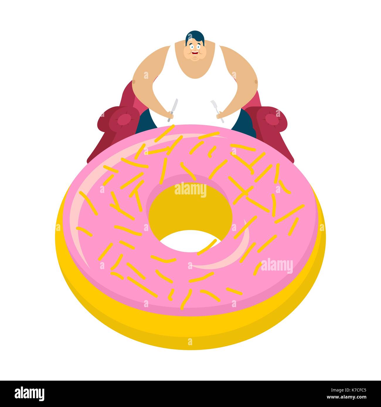 Fat guy is sitting on chair and donut. Glutton Thick man and cake. fatso vector illustration Stock Vector