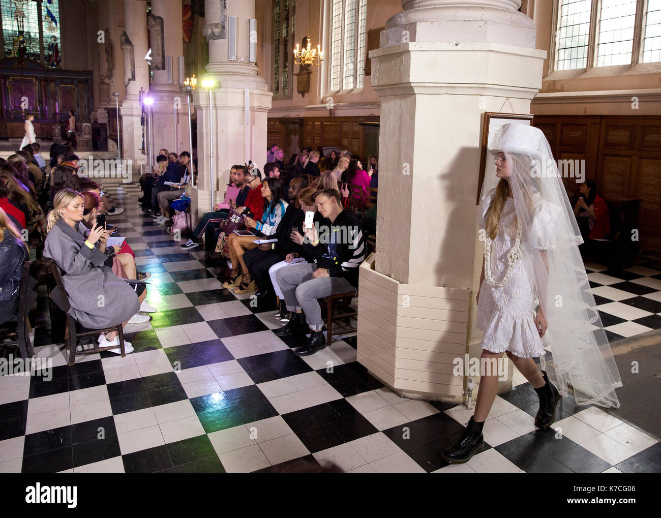 Models on the catwalk during the Ryan LO at London Fashion Week SS18 show held at St Sepulchre-without-Newgate Church, London. PRESS ASSOCIATION. Picture date: Friday September 15, 2017. Photo credit should read: Isabel Infantes/PA Wire Stock Photo