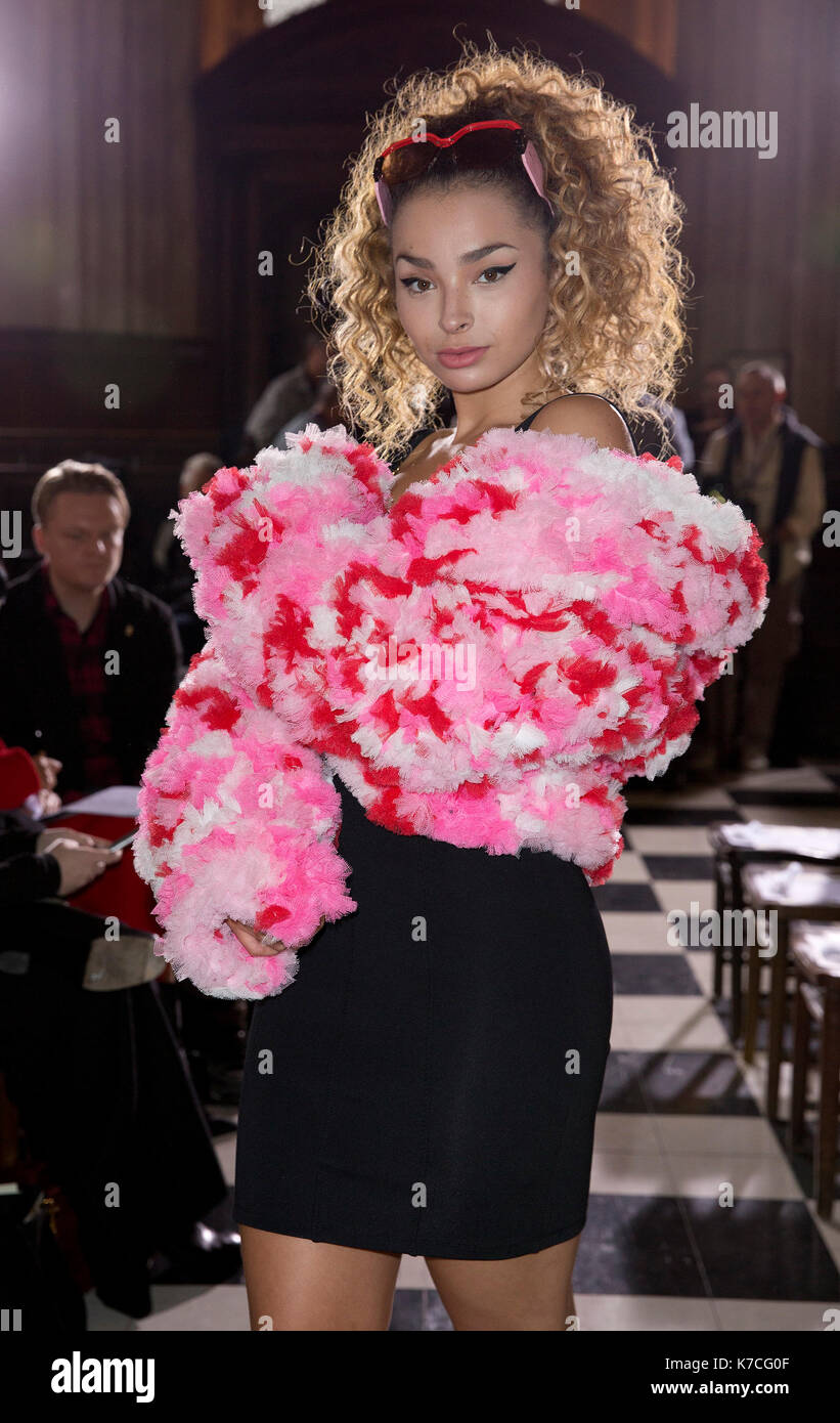 Ella Eyre on the front row during the Ryan LO at London Fashion Week SS18 show held at St Sepulchre-without-Newgate Church, London. PRESS ASSOCIATION. Picture date: Friday September 15, 2017. Photo credit should read: Isabel Infantes/PA Wire Stock Photo