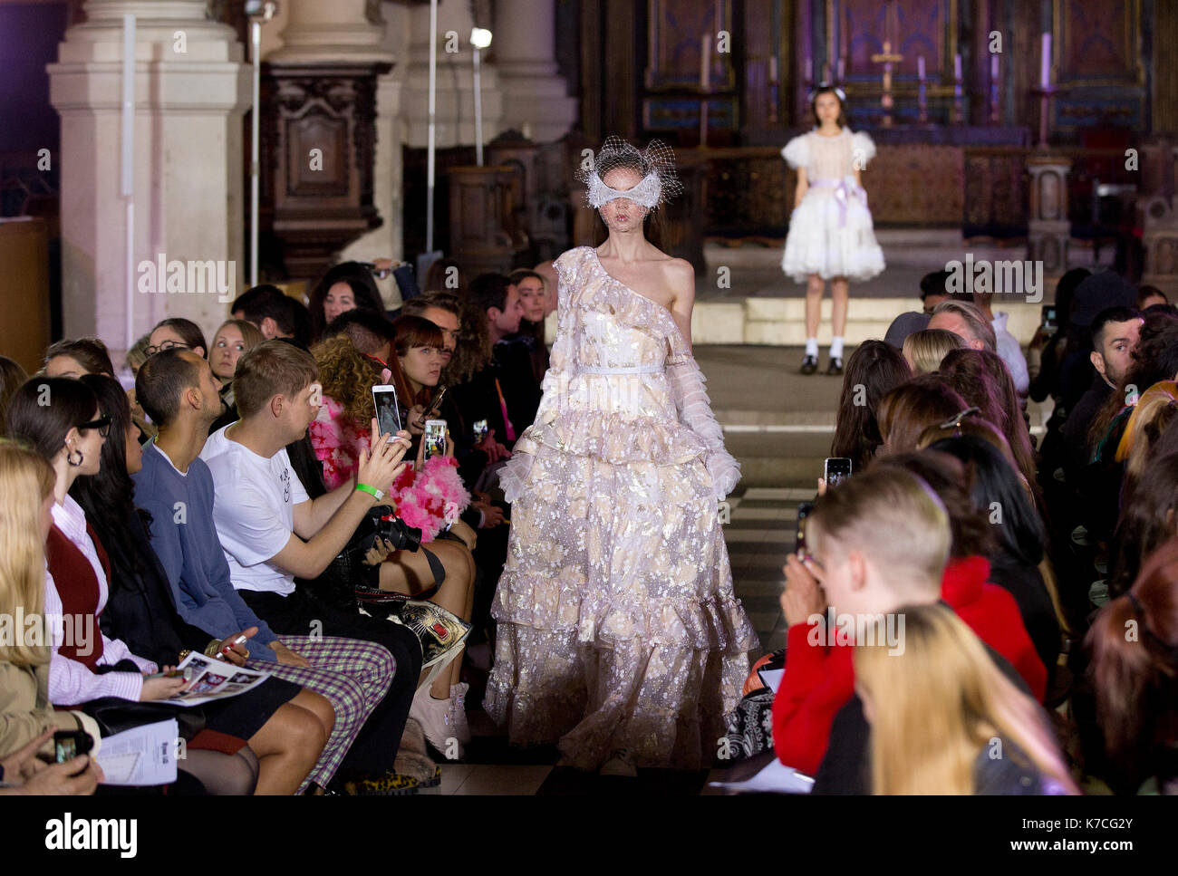 Models on the catwalk during the Ryan LO at London Fashion Week SS18 show held at St Sepulchre-without-Newgate Church, London. PRESS ASSOCIATION. Picture date: Friday September 15, 2017. Photo credit should read: Isabel Infantes/PA Wire Stock Photo