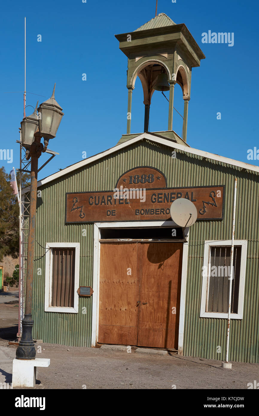 Historic wooden Fire Station from the era of nitrate mining in the Atacama Desert, in the coastal town of Pisagua in northern Chile. Stock Photo