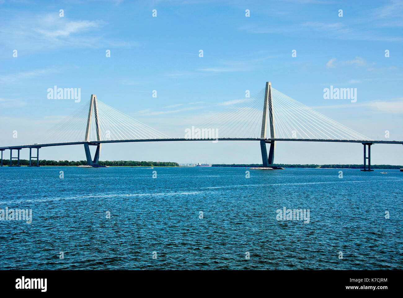 The Arthur Ravenel Jr. Bridge is a cable-stayed bridge over the Cooper River in South Carolina, USA, connecting downtown Charleston to Mount Pleasant. Stock Photo