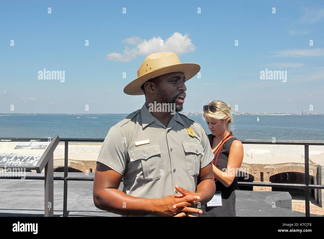 Park Ranger serving as a guide at Fort Sumter, a sea fort in Charleston, South Carolina, notable for two battles of the American Civil War. Stock Photo