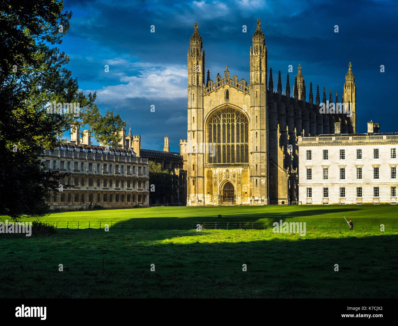 Cambridge University Kings College Chapel glows in the Sunset. The chapel, built between 1446 & 1515, is part of Kings College University of Cambridge Stock Photo