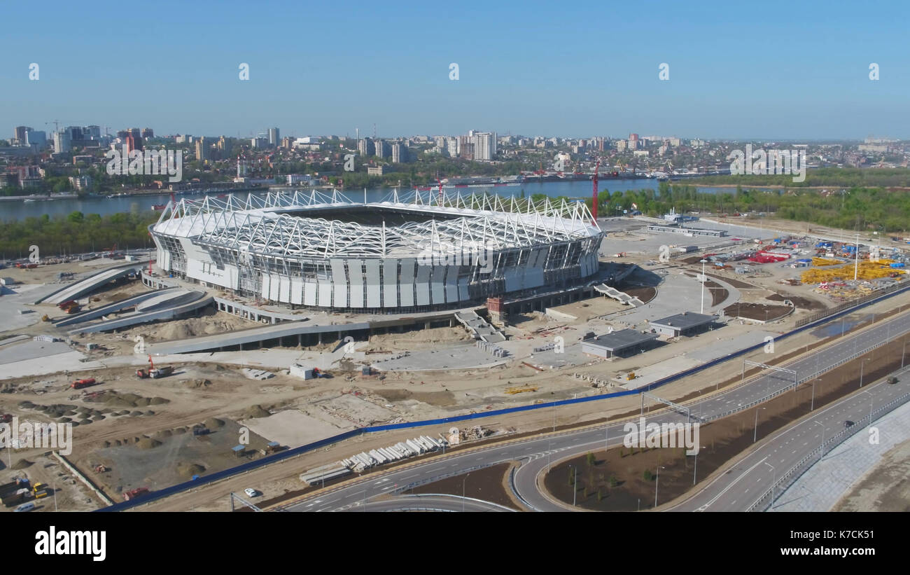 Aerial view on construction and reconstruction of football stadium