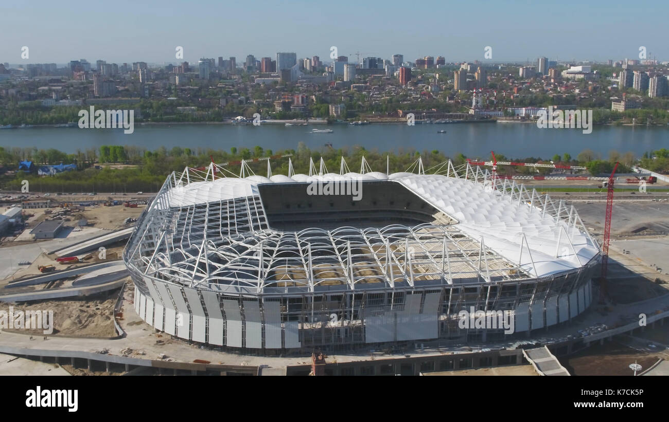 Aerial view on construction and reconstruction of football stadium