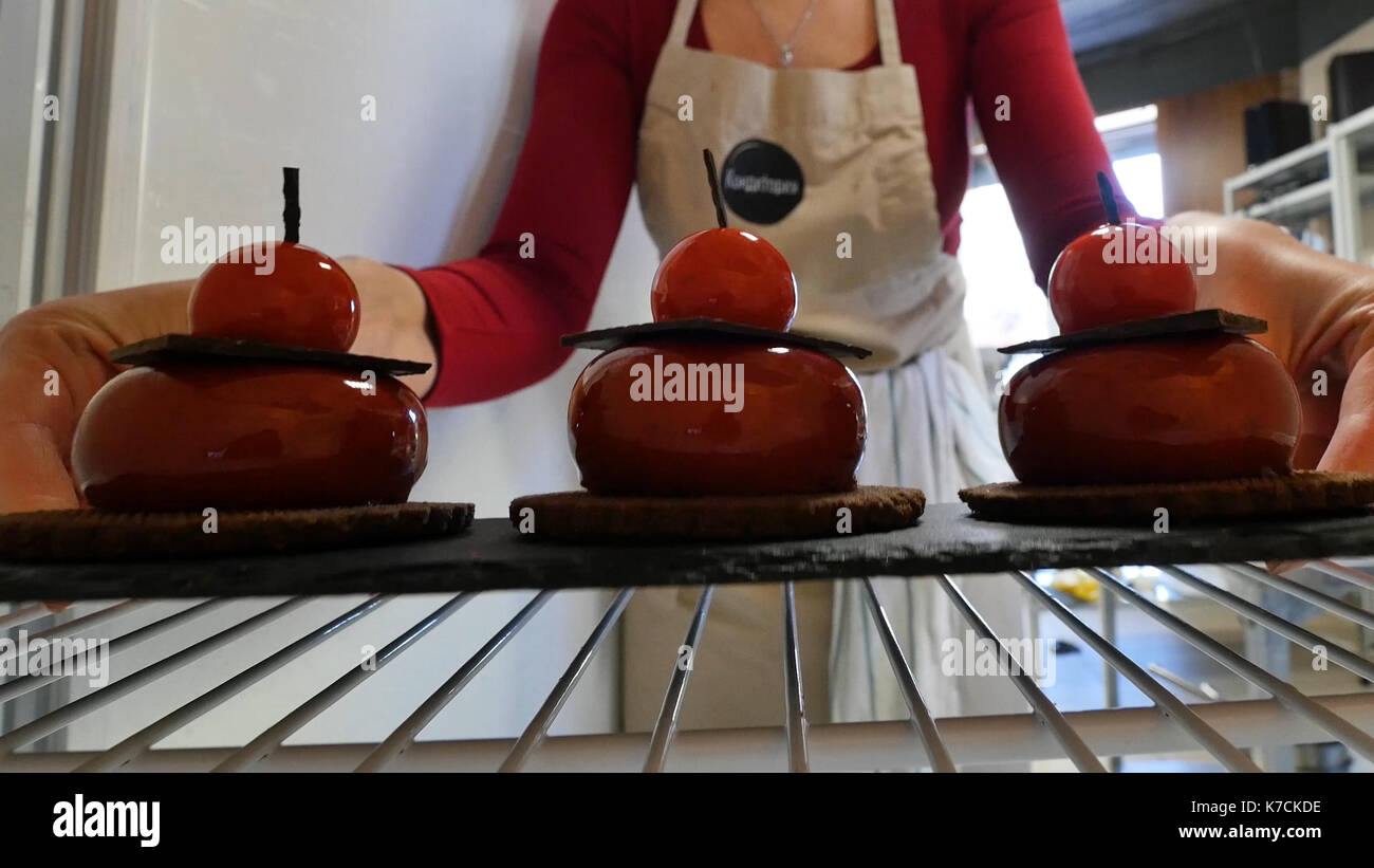 Young Woman puts Sweet Cake In Refrigerator. Tasty cake in refrigerator