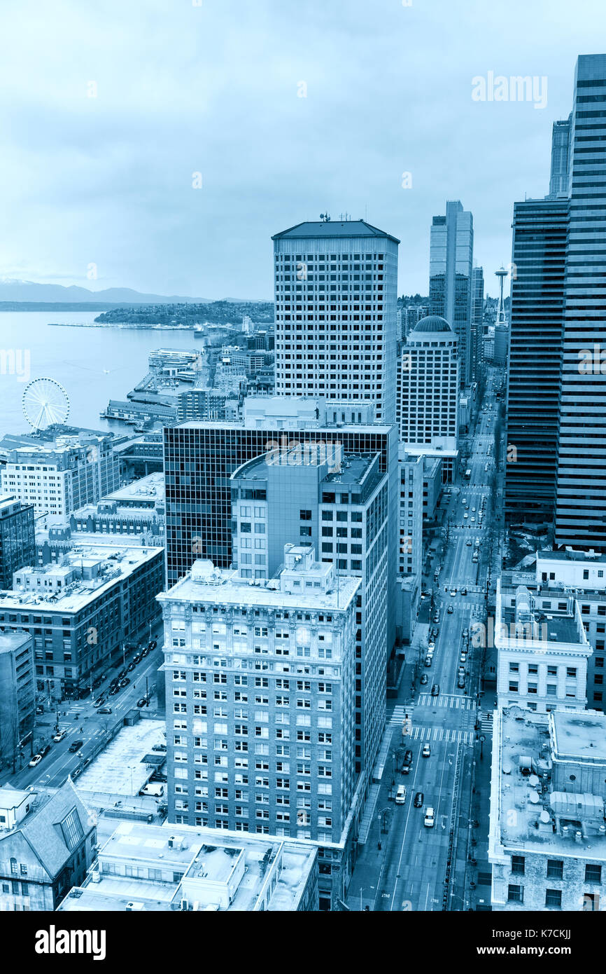 Seattle aerial view of downtown. Blue toned cityscape. Stock Photo