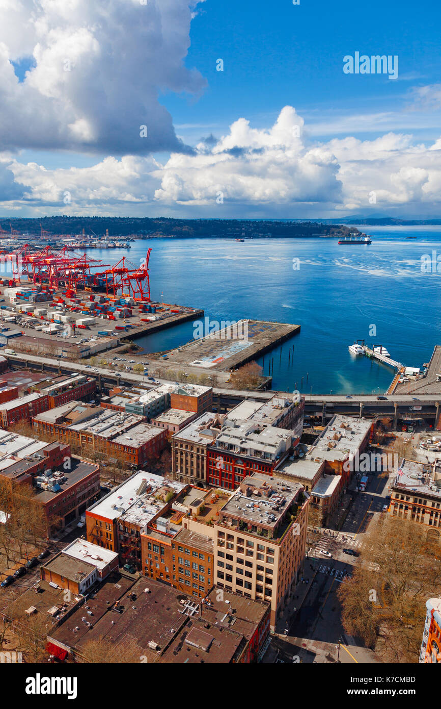 SEATTLE-APRIL 5: An aerial view of the harbor and a container port in Seattle, WA on April 5, 2012. The Port of Seattle says it has invested $1.2 bill Stock Photo