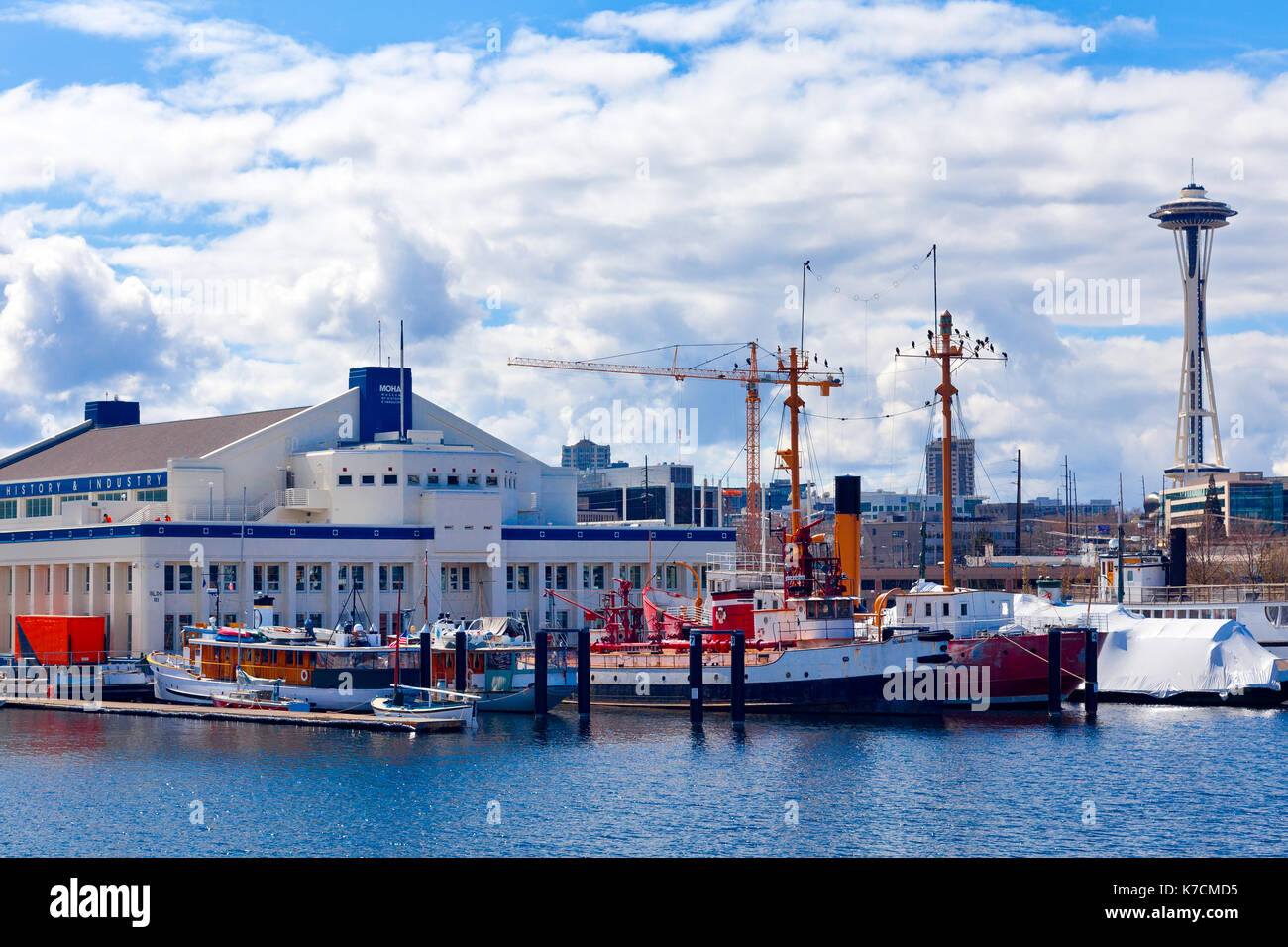 Seattle Museum of History and Industry exterior. Space Needle in the background. Viewed from Lake Union. Stock Photo