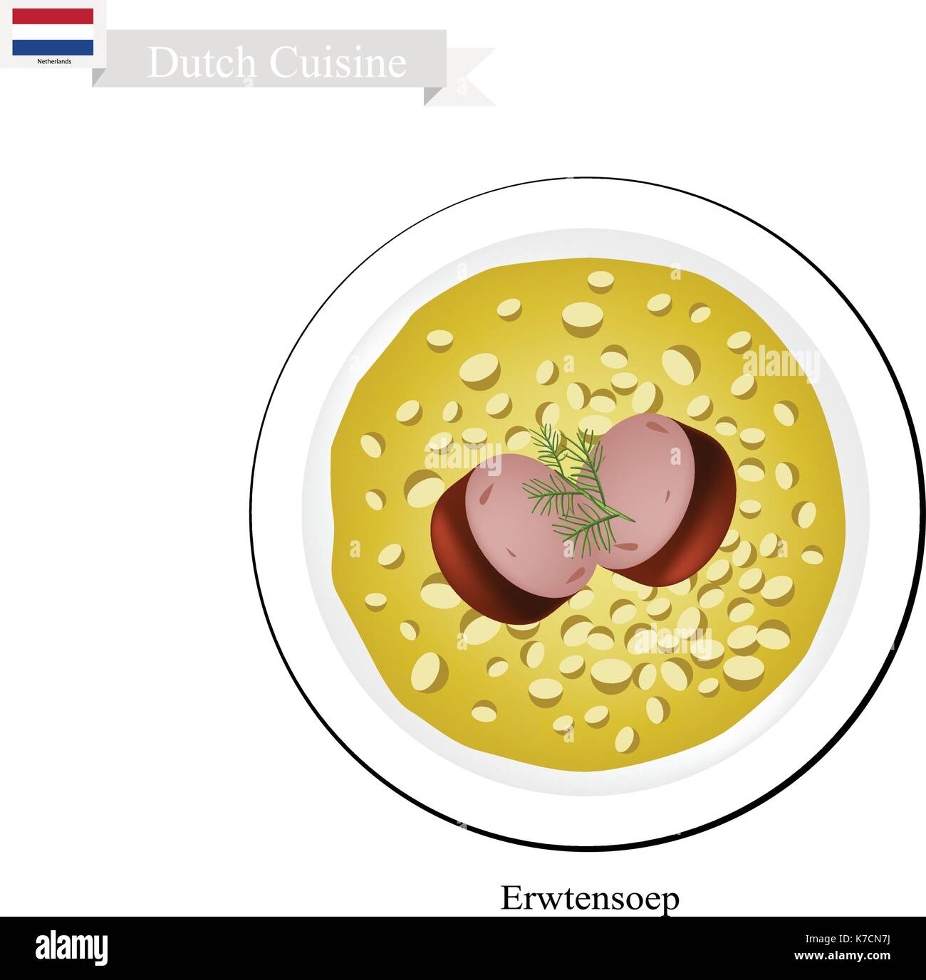 Dutch Cuisine, Illustration of Traditional Erwtensoep, Snert or Split Pea Soup with Smoked Sausage. One of The Most Famous Dish of Netherlands. Stock Vector