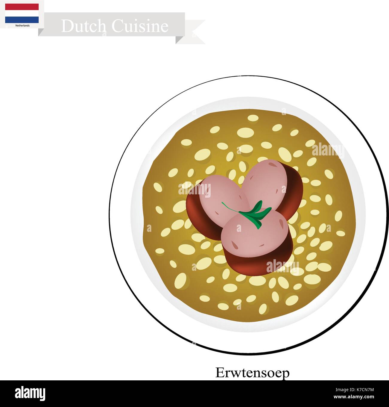Dutch Cuisine, Illustration of Traditional Erwtensoep, Snert or Split Pea Soup with Smoked