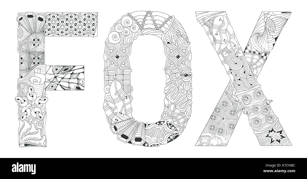 Word FOX for coloring. Vector decorative zentangle object Stock Vector
