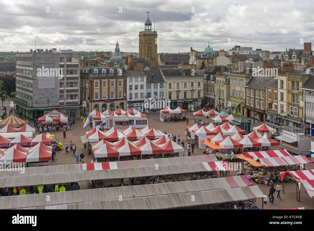 Looking down on the colourful stalls of the Market Square, Northampton, UK; one of the oldest and largest in England, it dates from 1235 Stock Photo