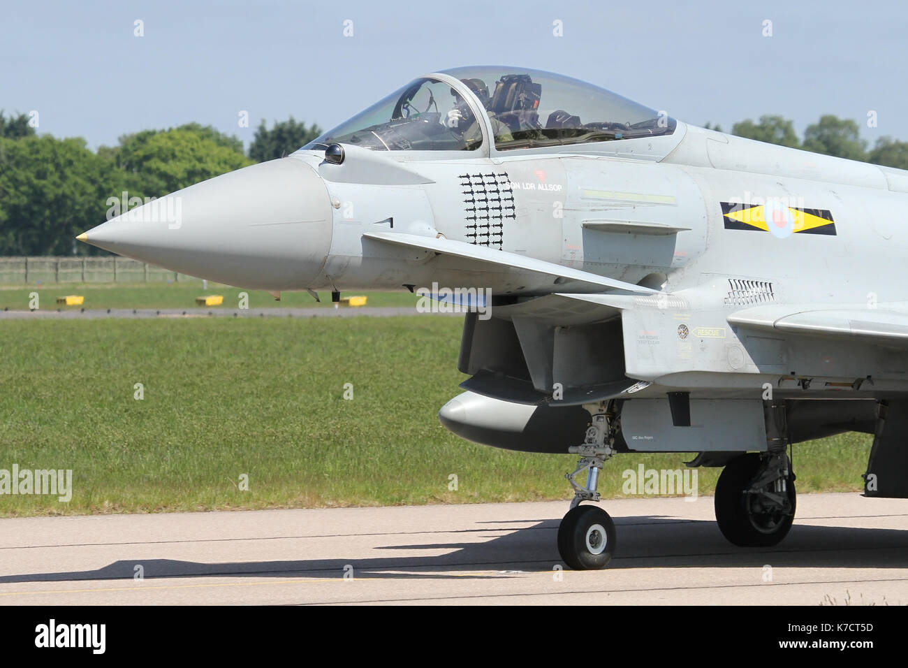 11 Squadron Typhoon taxiing back to the Coningsby shelters. Aircraft still shows mission markings from Operation Ellamy and sorties over Libya. Stock Photo