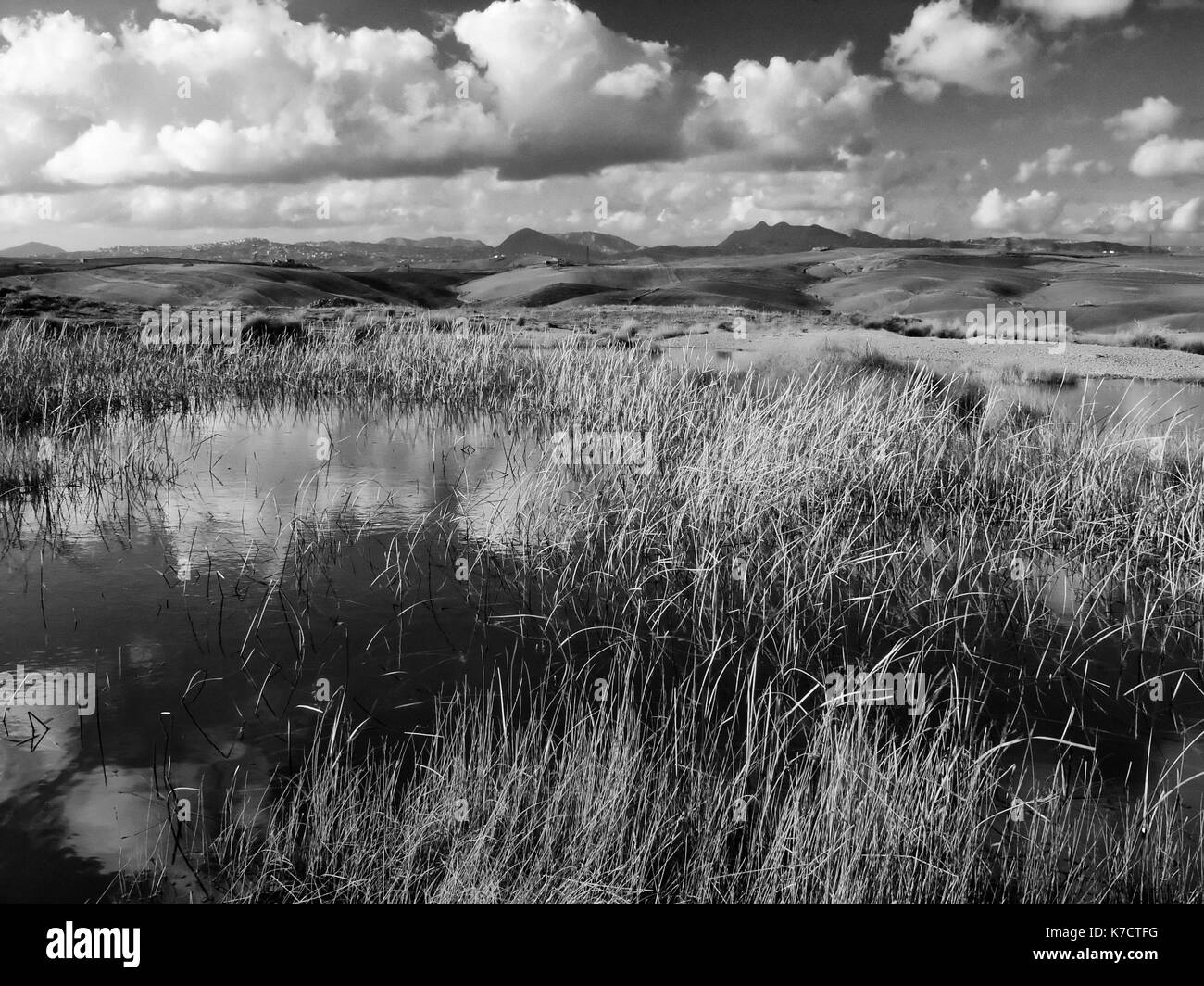 Cloudy landscape with hills in black and white. Lake with clouds