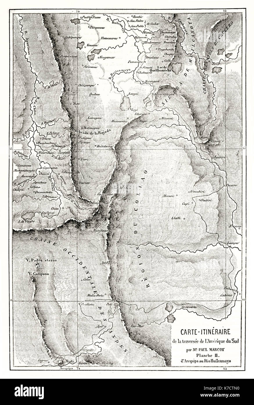 Andean Region old map. By Erhard and Bonaparte, publ. on Le Tour du Monde, Paris, 1862 Stock Photo