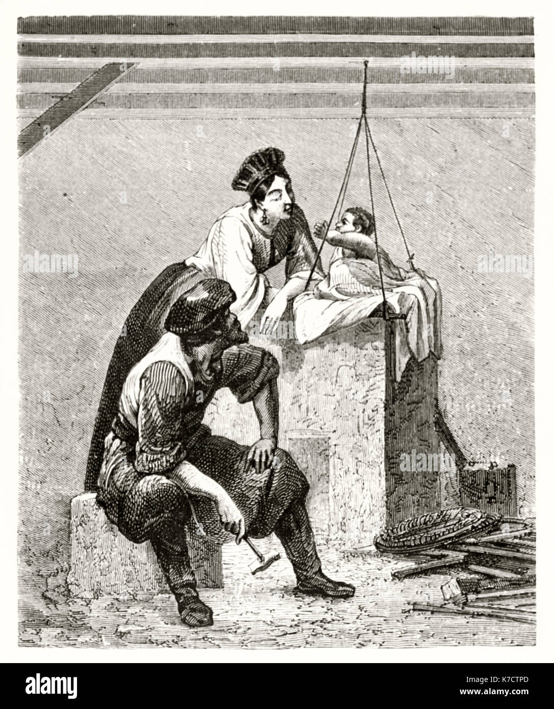 Old illustration depicting a Russian blacksmith and his family. By