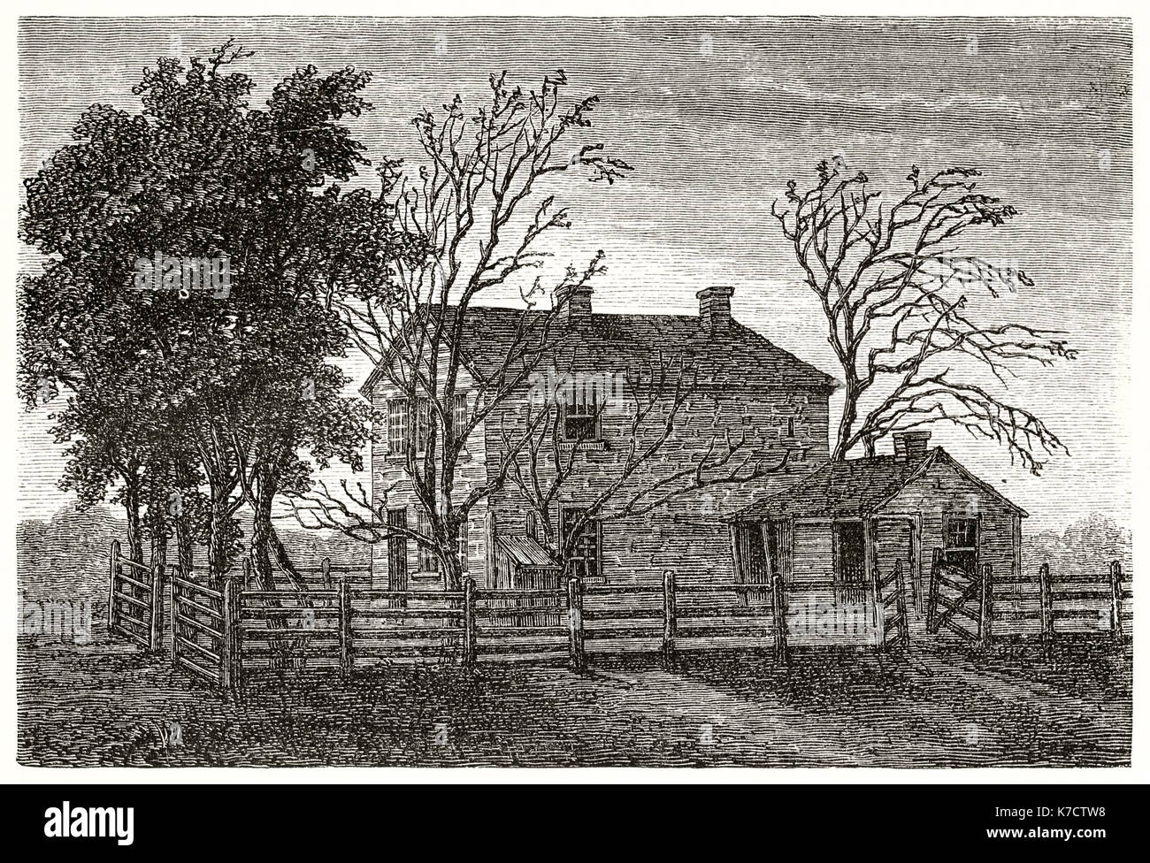 Old view of the prison in Carthage, Illinois, where Mormon prophete Smith died. By Ferogio, publ. on Le Tour du Monde, Paris, 1862 Stock Photo