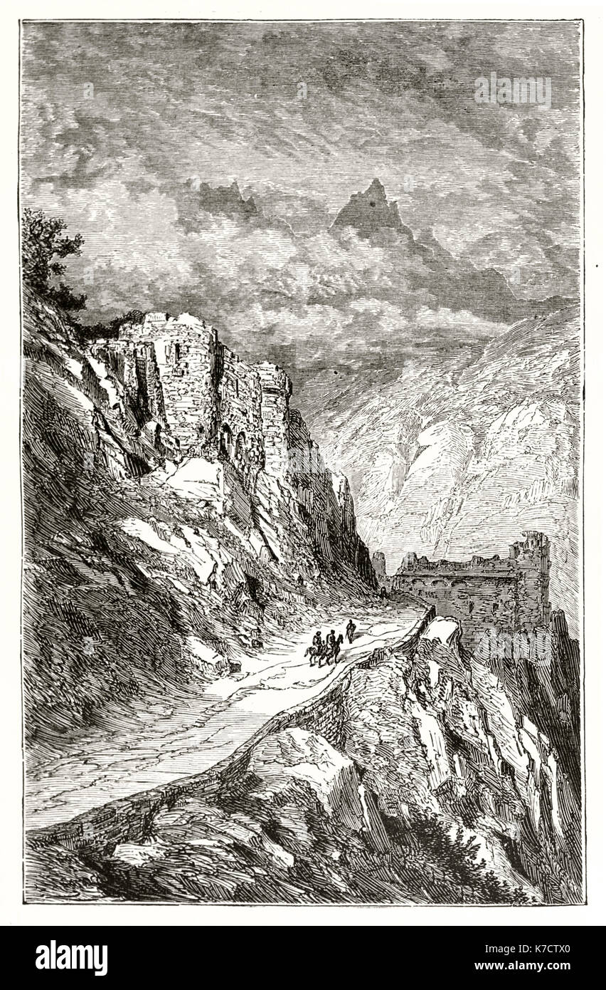 Old view of the Col du Perthus, France. By Dore, publ. on Le Tour du