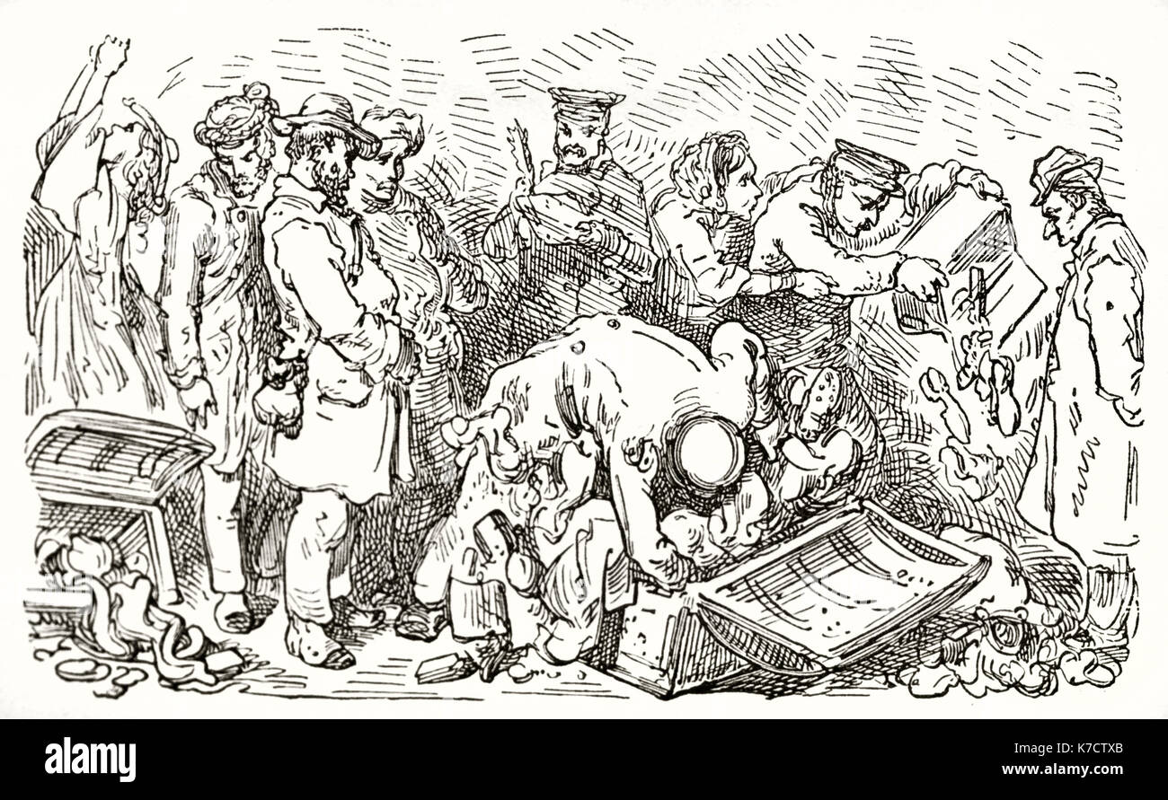 Old illustration depicting La Jonquera customs, Spain. By Dore, publ. on Le Tour du Monde, Paris, 1862 Stock Photo