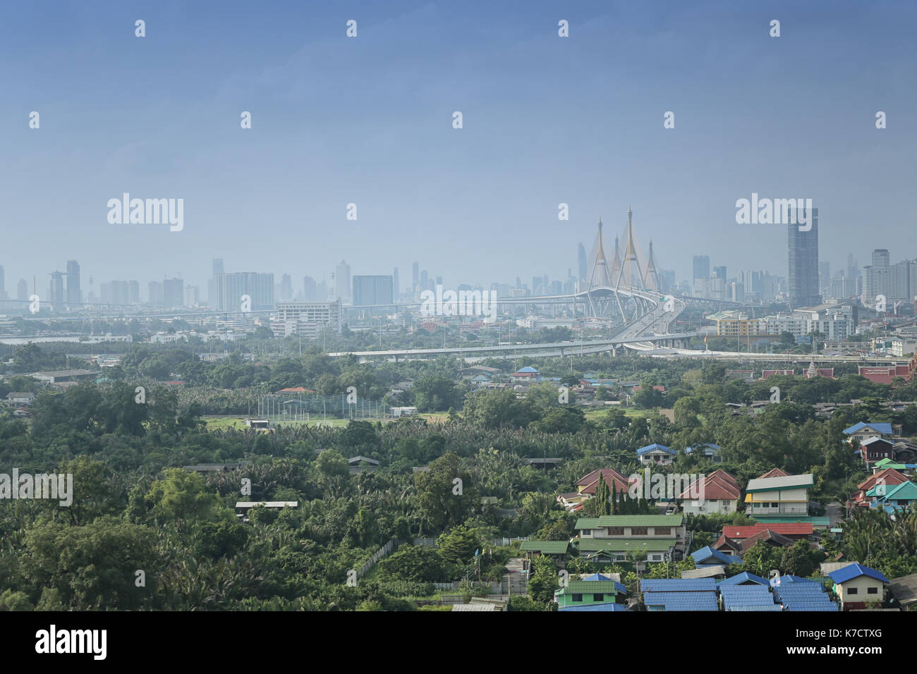 Rama Bridge and Bangkok City View in the daytime. Stock Photo