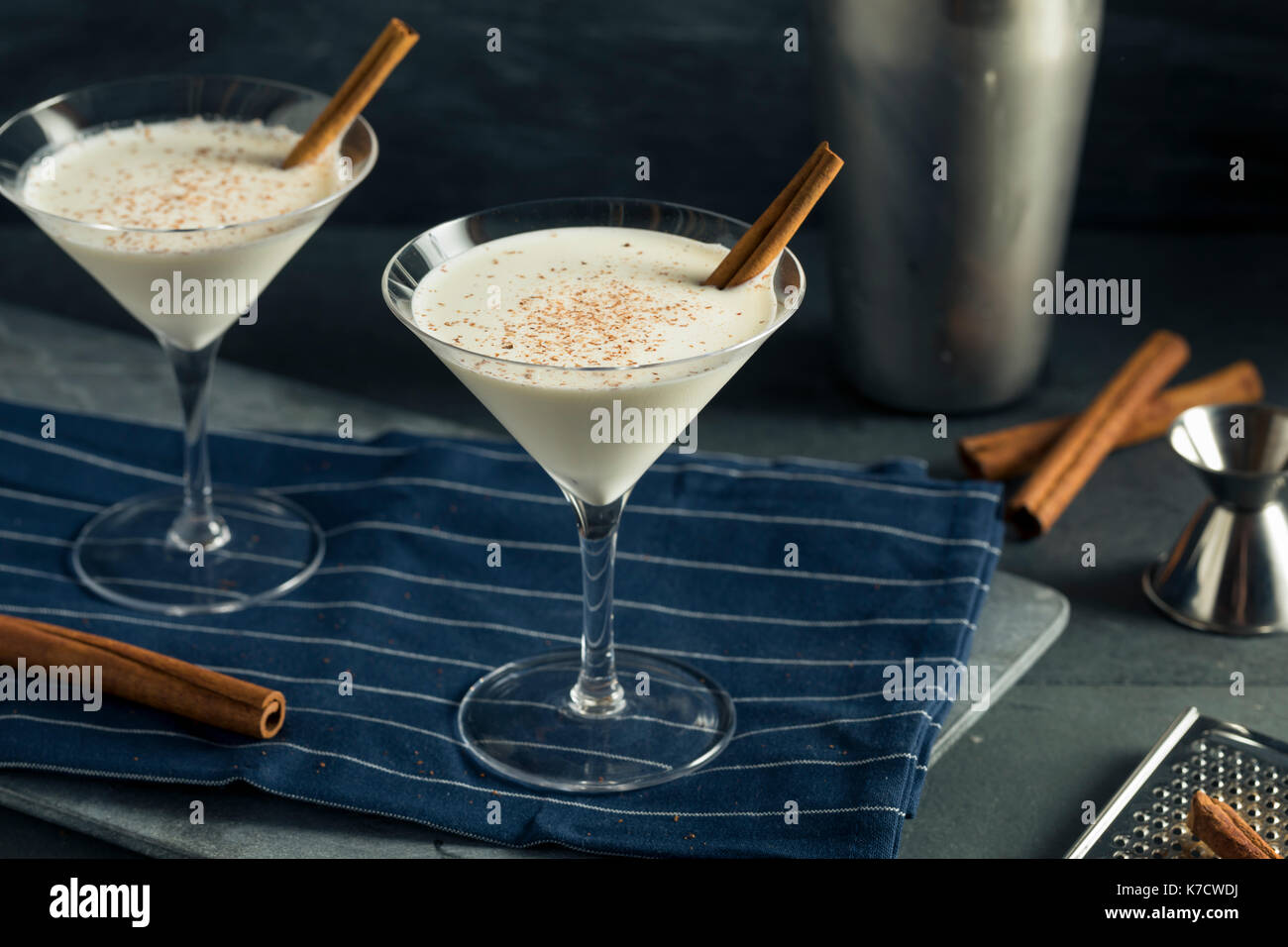 Homemade Creamy Eggnog Cinnamon Dessert Martini with Nutmeg Stock Photo