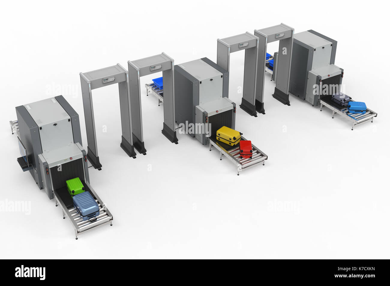 3d rendering airport security checkpoint with scanner machines are scanning luggages Stock Photo