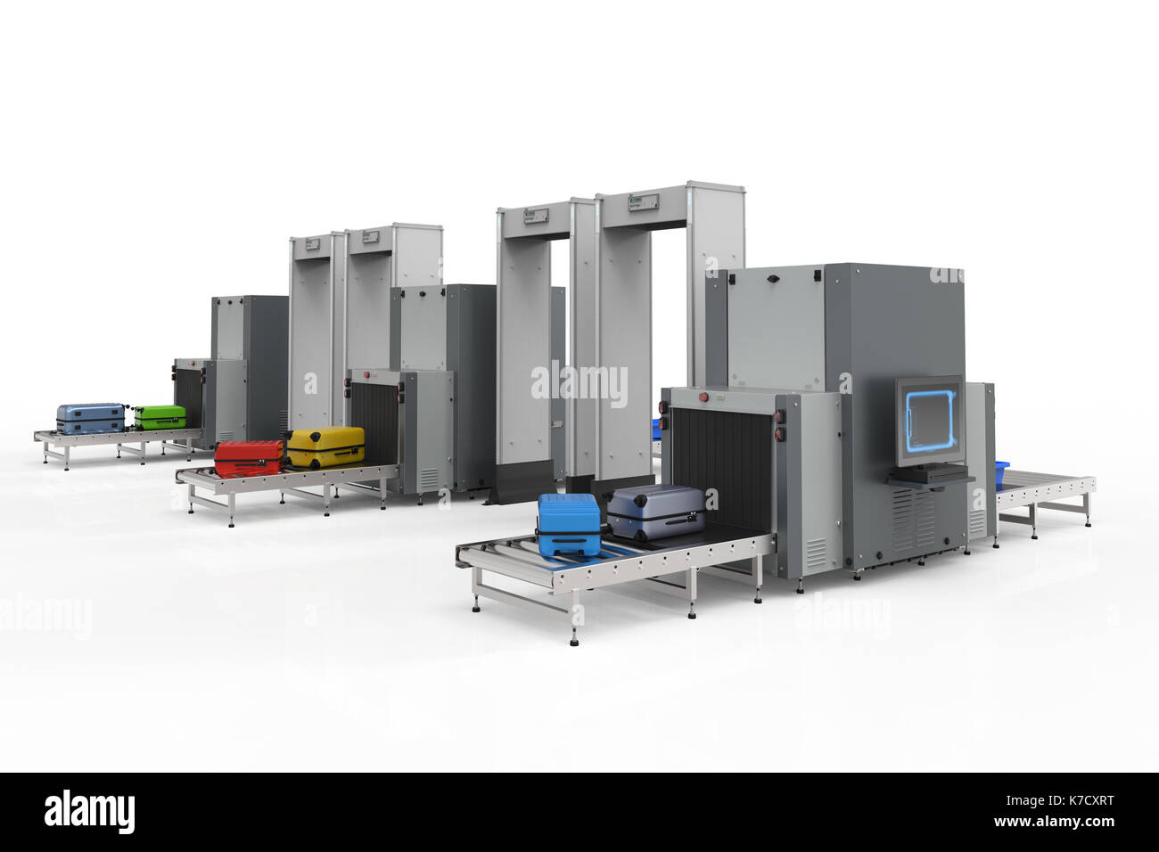 3d rendering airport security checkpoint with scanner machines are scanning luggages Stock Photo