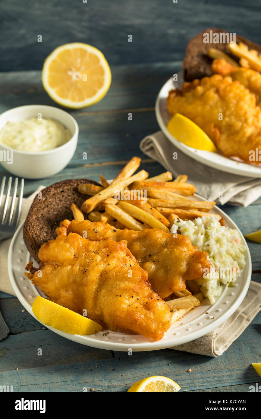 Homemade Beer Battered Fish Fry with Coleslaw and Chips Stock Photo Alamy