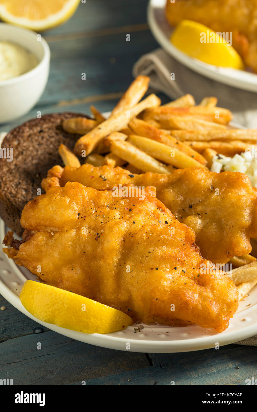 Homemade Beer Battered Fish Fry with Coleslaw and Chips Stock Photo Alamy