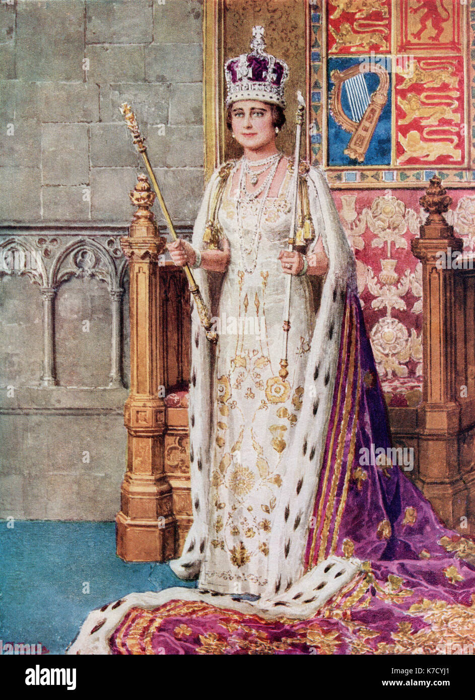 Queen Elizabeth in coronation robes, 1936.  Elizabeth Angela Marguerite Bowes-Lyon, 1900 – 2002.  Wife of King George VI and mother of Queen Elizabeth II.  From The Coronation Book of King George VI and Queen Elizabeth, published 1937. Stock Photo