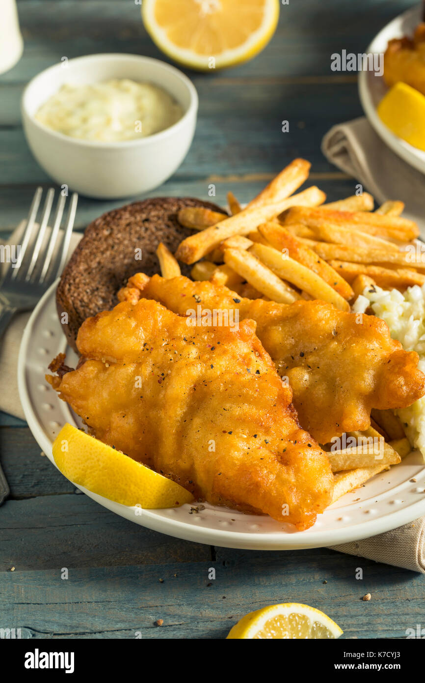 Homemade Beer Battered Fish Fry with Coleslaw and Chips Stock Photo Alamy
