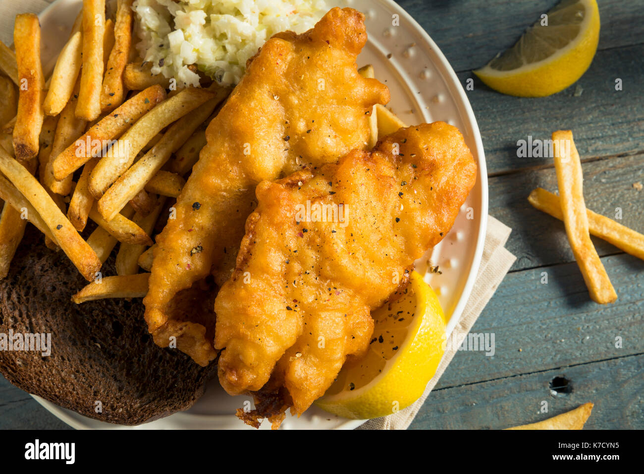 Homemade Beer Battered Fish Fry with Coleslaw and Chips Stock Photo Alamy