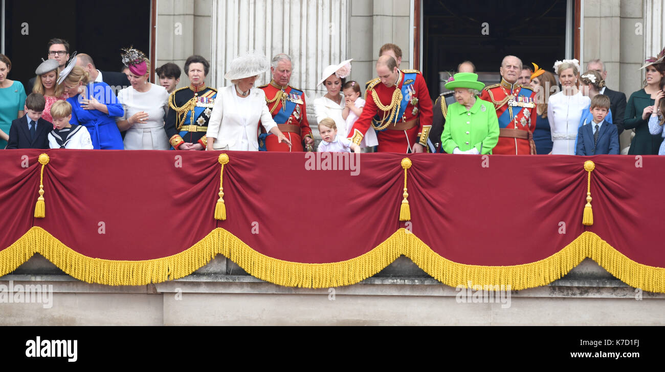 Photo Must Be Credited ©Alpha Press 079965 11/06/2016 Lady Rose Windsor and Husband George Gilman Autumn Phillips Mike Tindall Zara Phillips Princess Anne Camilla Duchess Of Cornwall Prince Charles  Kate Duchess of Cambridge Katherine Catherine Middleton Princess Charlotte Prince George Prince Harry Prince William Duke Of Cambridge Queen Elizabeth II Prince Philip Duke Of Edinburgh Prince Edward Earl Of Wessex Sophie Countess Of Wessex Lady Louise Windsor and Viscount Severn James Alexander Philip Theo Mountbatten Windsor Prince Andrew Princess Eugenie in London for Trooping the Colour 2016 du Stock Photo