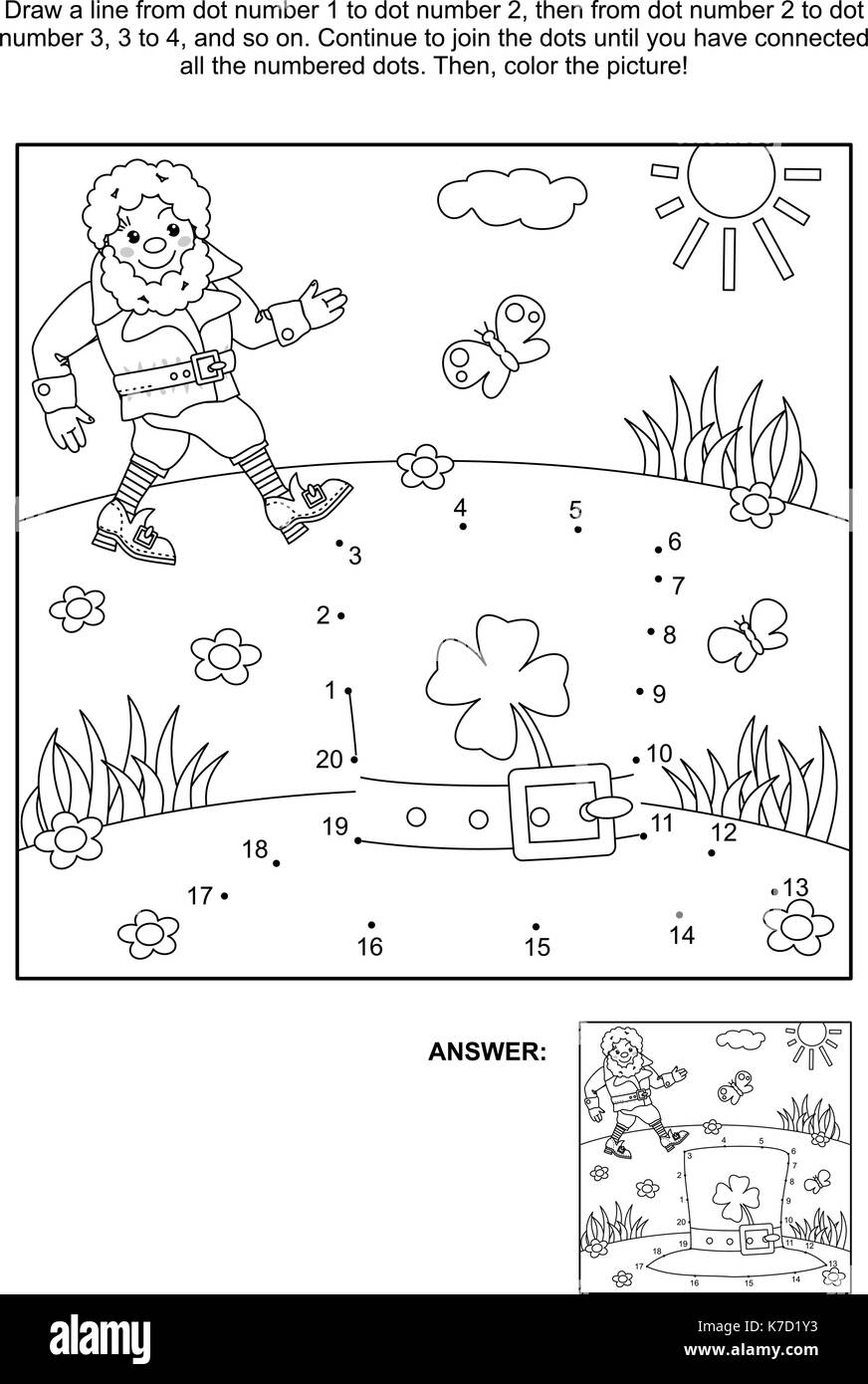 Where is my hat? St. Patrick's Day themed connect the dots picture puzzle and coloring page with leprechaun and his hat. Answer included. Stock Vector