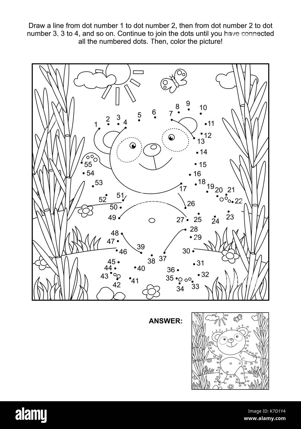 Panda bear in bamboo forest connect the dots picture puzzle and coloring page. Answer included. Stock Vector