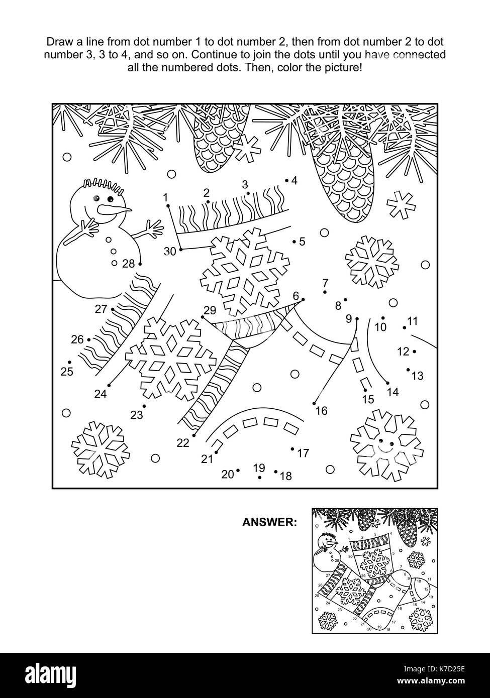 Winter or winter holidays themed connect the dots picture puzzle and coloring page with knitted socks. Answer included. Stock Vector
