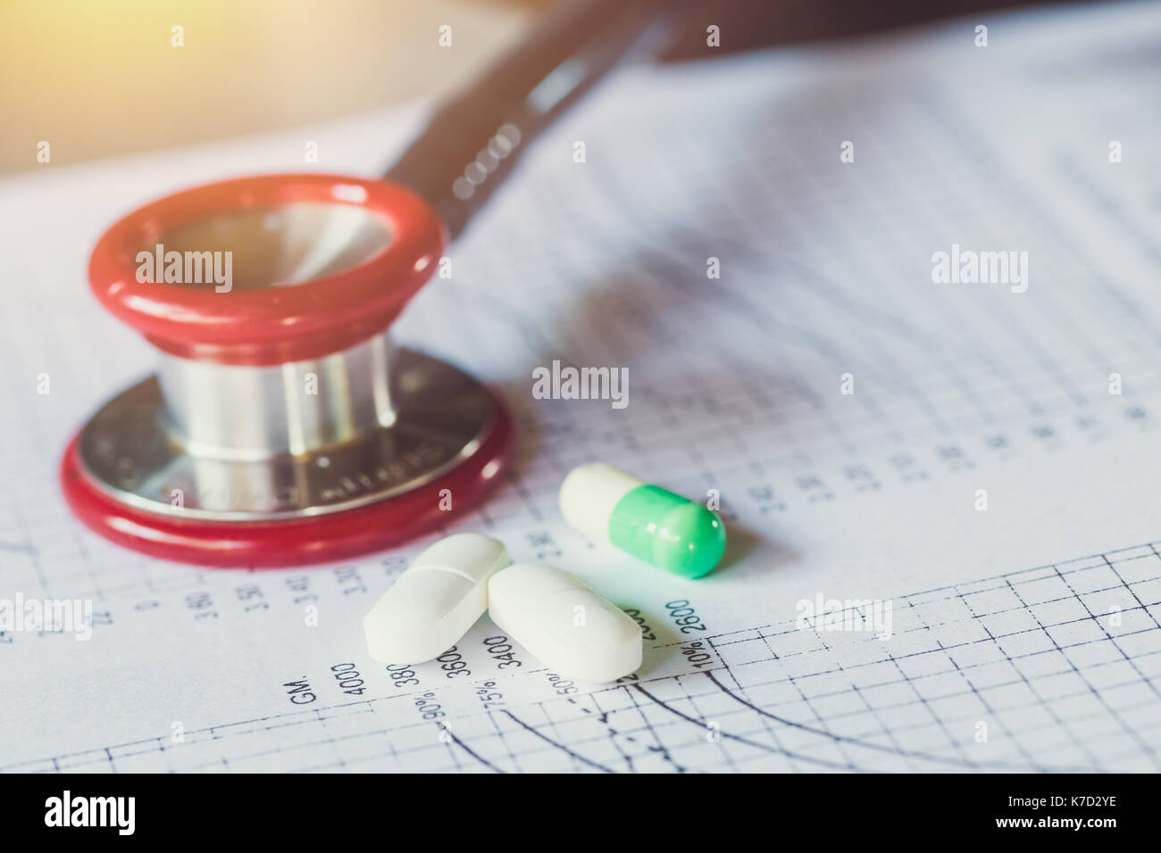 Medical treatment concept. medical chart patient follow up diagnosis analysis with stethoscope for doctor in hospital. Stock Photo
