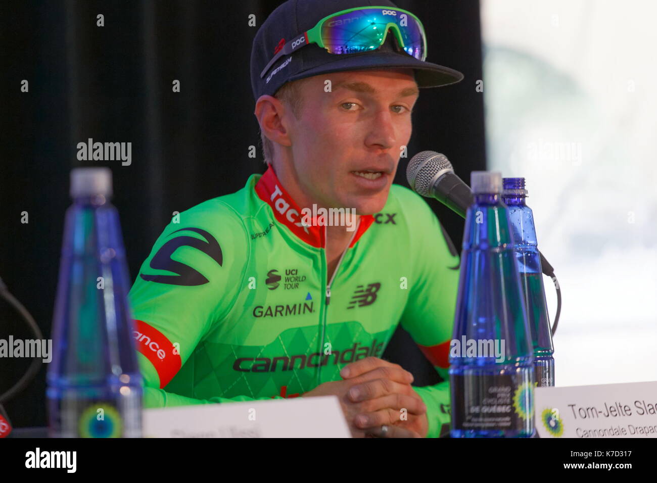 Montreal, Canada. 10/09/2017. Tom-Jelte Slagter of Cannondale Drapac Pro Cycling Team USA, l at the post race news conference following the Grand Prix Stock Photo